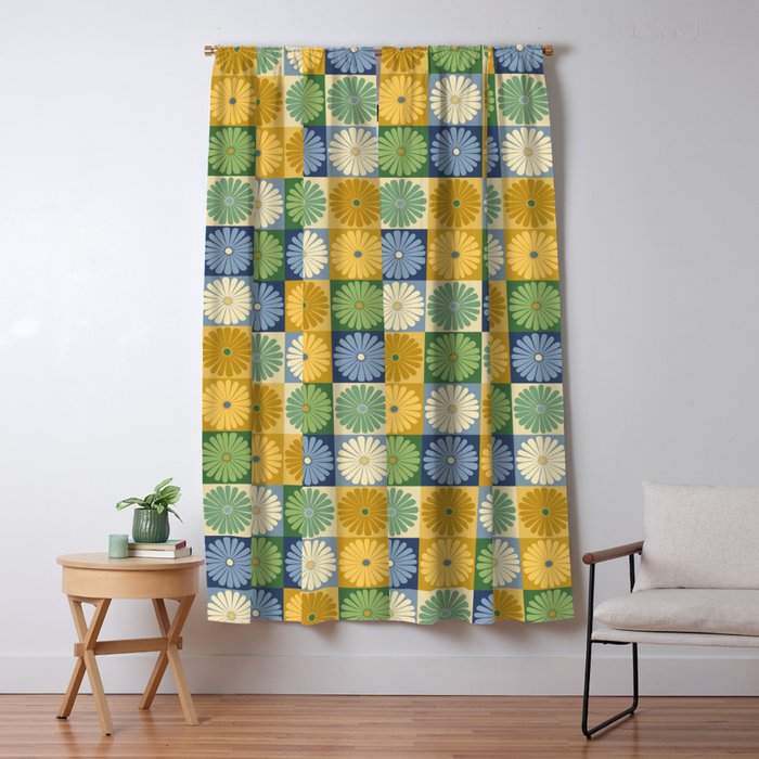 Retro Flowers Check Pattern XXI Window Curtain Gallery Image 1