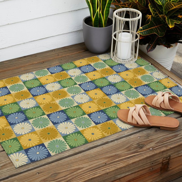 Retro Flowers Check Pattern XXI Outdoor Rug Gallery Image 2