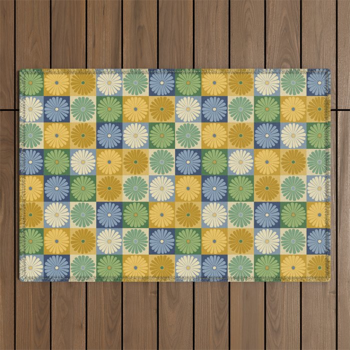 Retro Flowers Check Pattern XXI Outdoor Rug Gallery Image 1