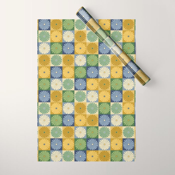Retro Flowers Check Pattern XXI Wrapping Paper Gallery Image 1
