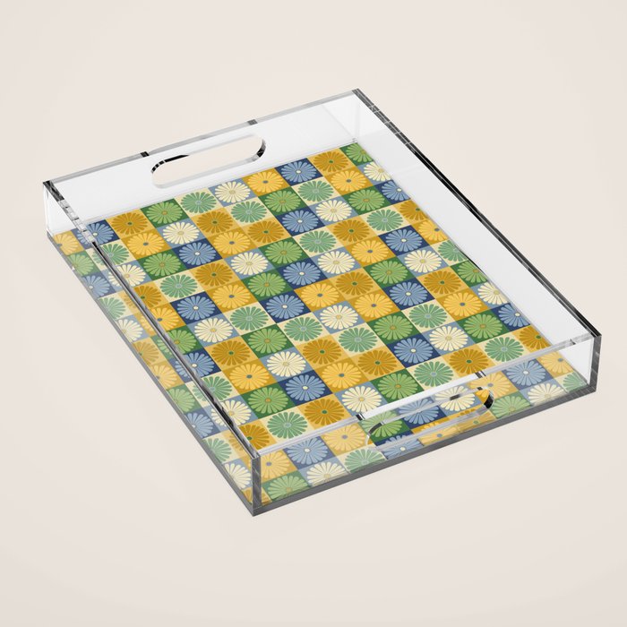 Retro Flowers Check Pattern XXI Acrylic Tray Gallery Image 1