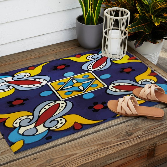 Abstract blue cruz mexican modern talavera tile wall Outdoor Rug Gallery Image 2
