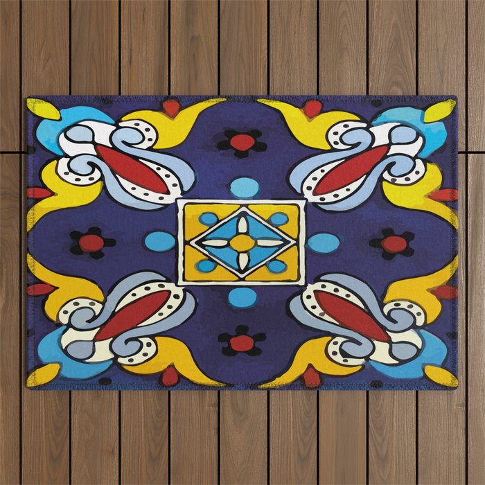Abstract blue cruz mexican modern talavera tile wall Outdoor Rug Gallery Image 1