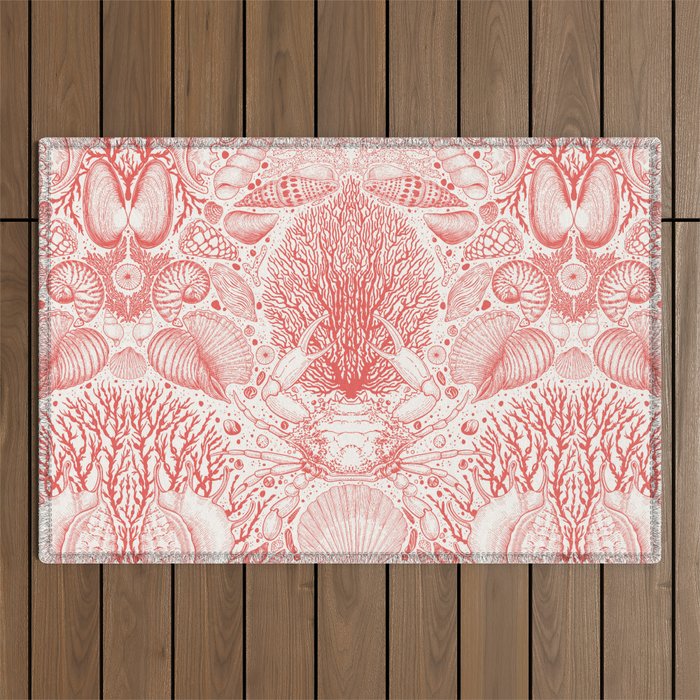 Beach treasures in coral red  Outdoor Rug Gallery Image 1