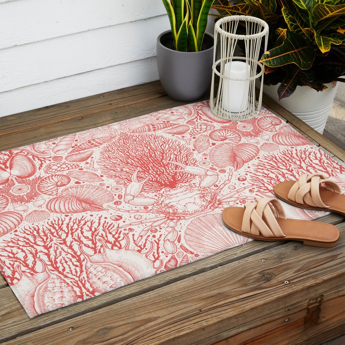 Beach treasures in coral red  Outdoor Rug Gallery Image 2
