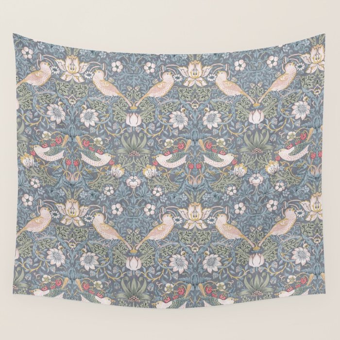 William Morris Strawberry Thief Slate Blue Vintage Pattern Wall Tapestry Gallery Image 1