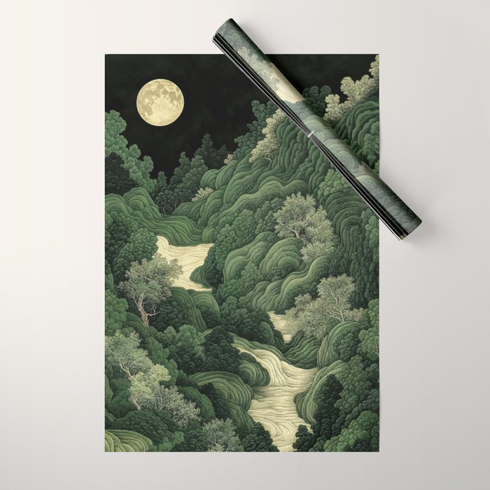 Japanese Wall Art Maximalist Moon Print japandi Art Wabi Sabi Painting Sage Green dopamine decor Wrapping Paper Gallery Image 1