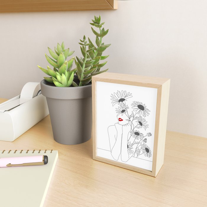 Minimal Line Art Girl with Sunflowers Mini Art Print Gallery Image 2