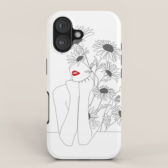 Minimal Line Art Girl with Sunflowers iPhone Case Gallery Image 1