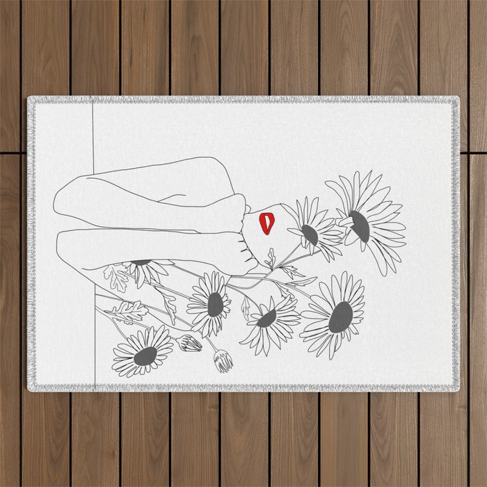 Minimal Line Art Girl with Sunflowers Outdoor Rug Gallery Image 1