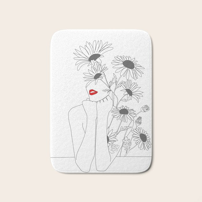 Minimal Line Art Girl with Sunflowers Bath Mat Gallery Image 1