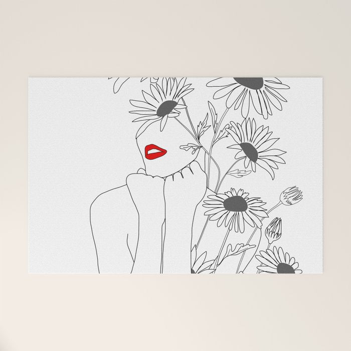 Minimal Line Art Girl with Sunflowers Welcome Mat Gallery Image 1