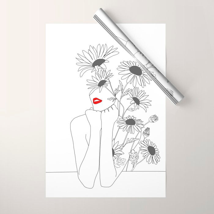 Minimal Line Art Girl with Sunflowers Wrapping Paper Gallery Image 1