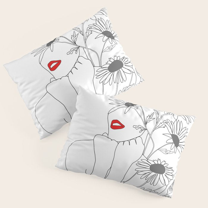 Minimal Line Art Girl with Sunflowers Pillow Sham Gallery Image 1