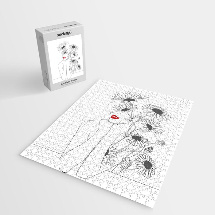 Minimal Line Art Girl with Sunflowers Jigsaw Puzzle Gallery Image 2