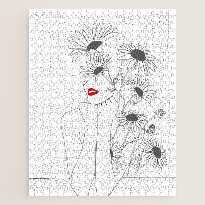 Minimal Line Art Girl with Sunflowers Jigsaw Puzzle Gallery Image 1