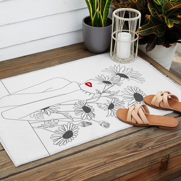 Minimal Line Art Girl with Sunflowers Outdoor Rug Gallery Image 2