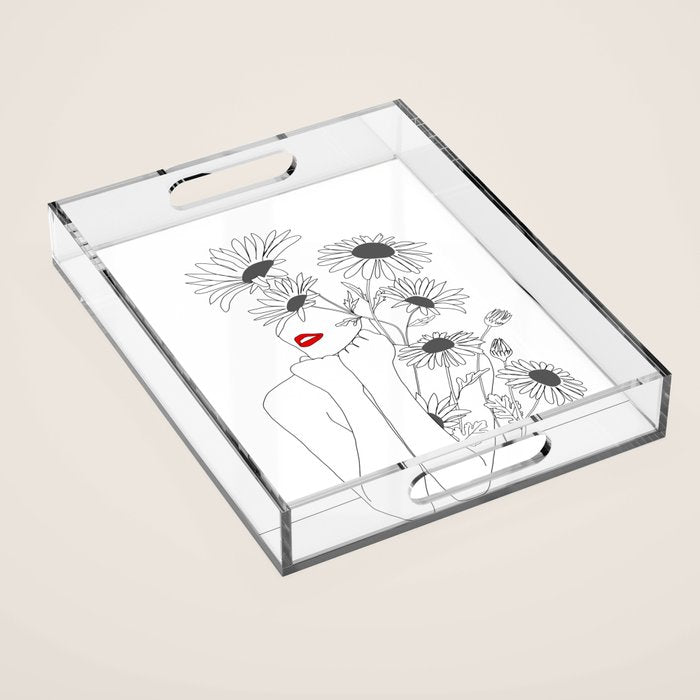 Minimal Line Art Girl with Sunflowers Acrylic Tray Gallery Image 1