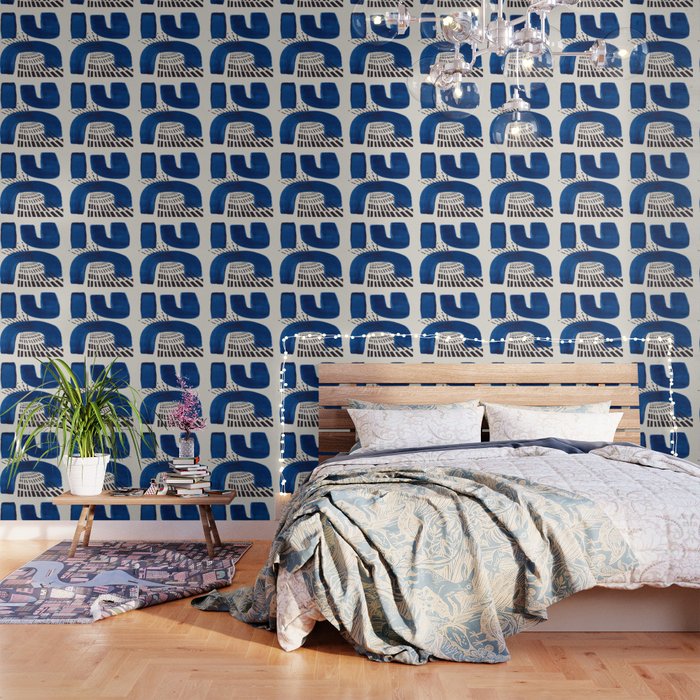 Colorful Mid Century Modern Abstract Fun Shapes Patterns Navy Blue Abstract Expressionism Wallpaper Gallery Image 3