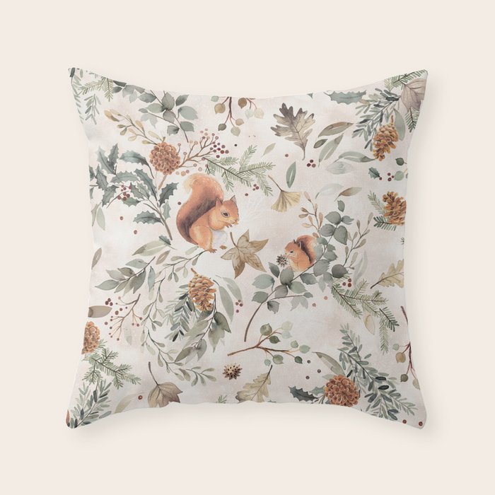 Harvest 2025 Woodland Squirrel Botanical Leaves Watercolor Ecru Throw Pillow Gallery Image 6