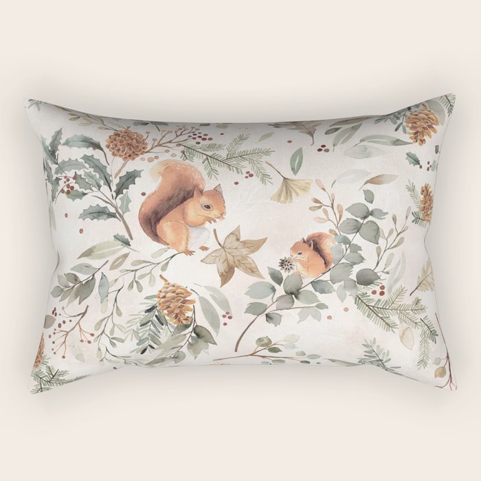 Harvest 2025 Woodland Squirrel Botanical Leaves Watercolor Ecru Rectangular Pillow Gallery Image 2
