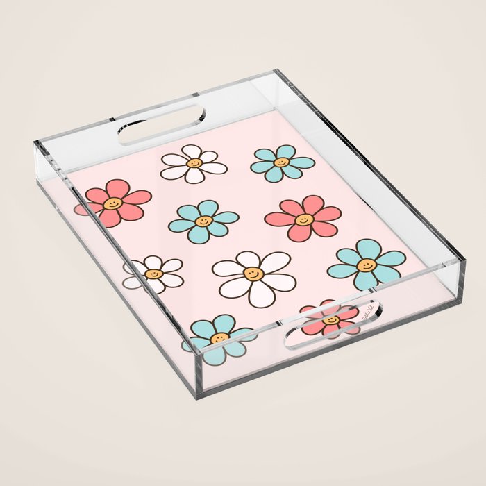 Happy Daisy Pattern, Cute and Fun Smiling Colorful Daisies Acrylic Tray Gallery Image 1