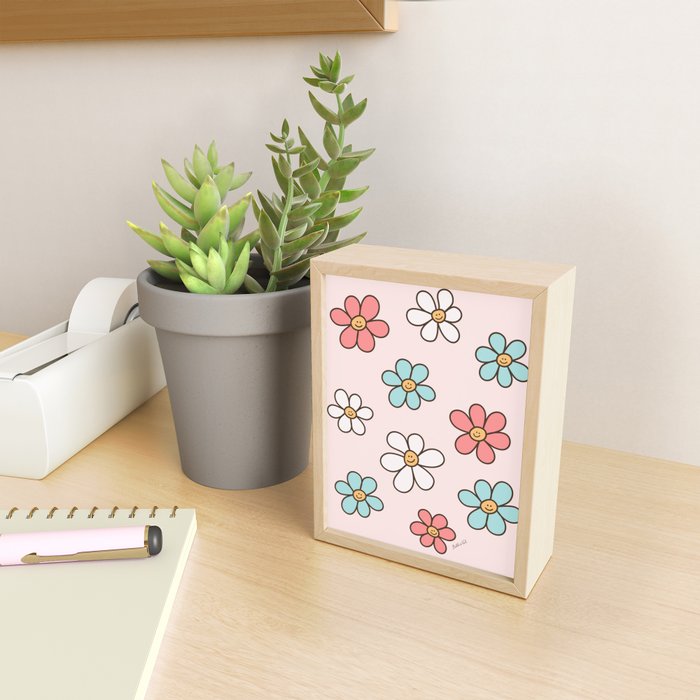 Happy Daisy Pattern, Cute and Fun Smiling Colorful Daisies Mini Art Print Gallery Image 2