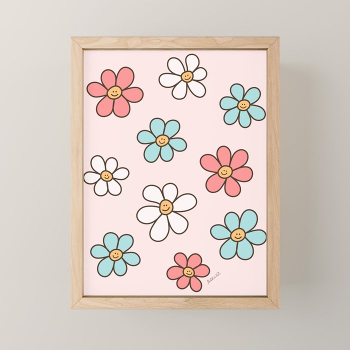 Happy Daisy Pattern, Cute and Fun Smiling Colorful Daisies Mini Art Print Gallery Image 1