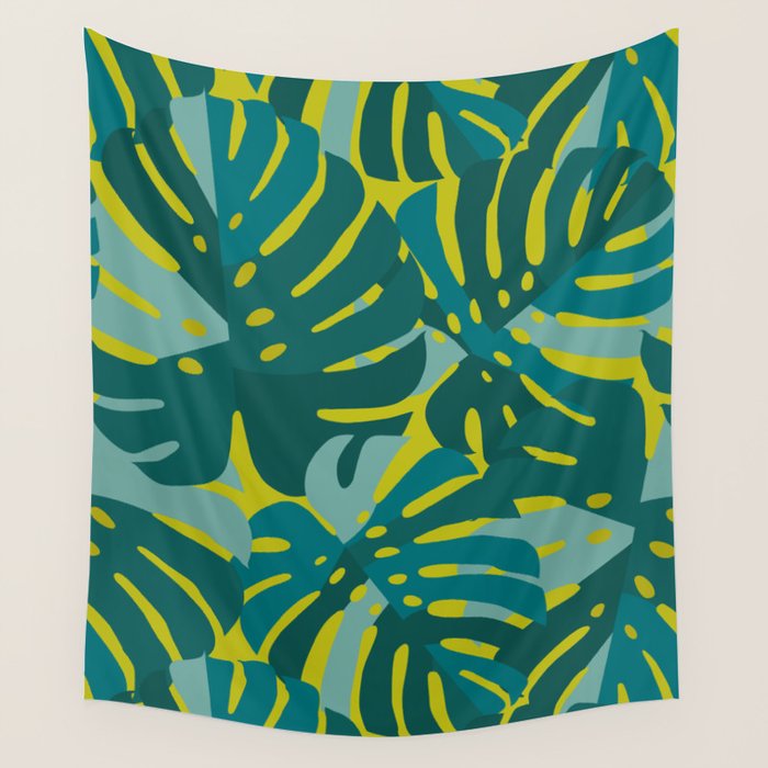 Monstera Leaves in Teal Wall Tapestry Gallery Image 4