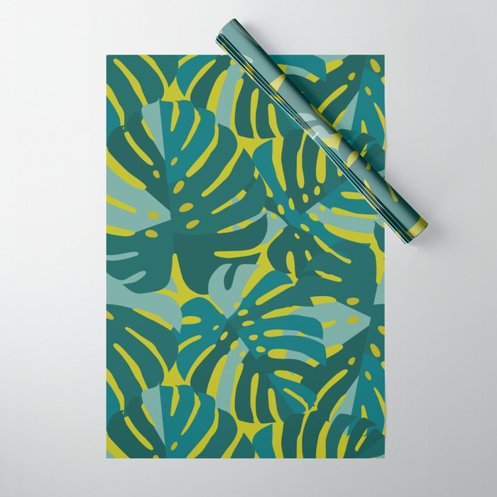 Monstera Leaves in Teal Wrapping Paper Gallery Image 1