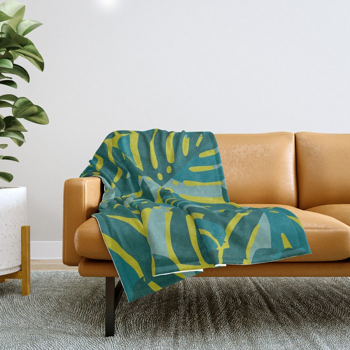 Monstera Leaves in Teal Throw Blanket Gallery Image 1