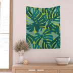 Monstera Leaves in Teal Wall Tapestry Gallery Image 2
