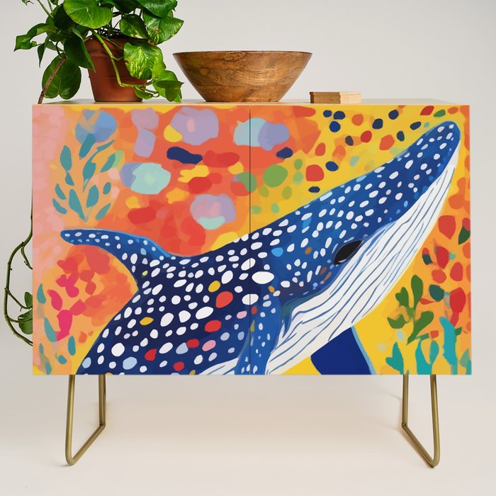 Spotted Whale, Wildlife Ocean Life Fish Illustration, Eclectic Bohemian Painting Free Swim Sea Underwater Credenza Gallery Image 1