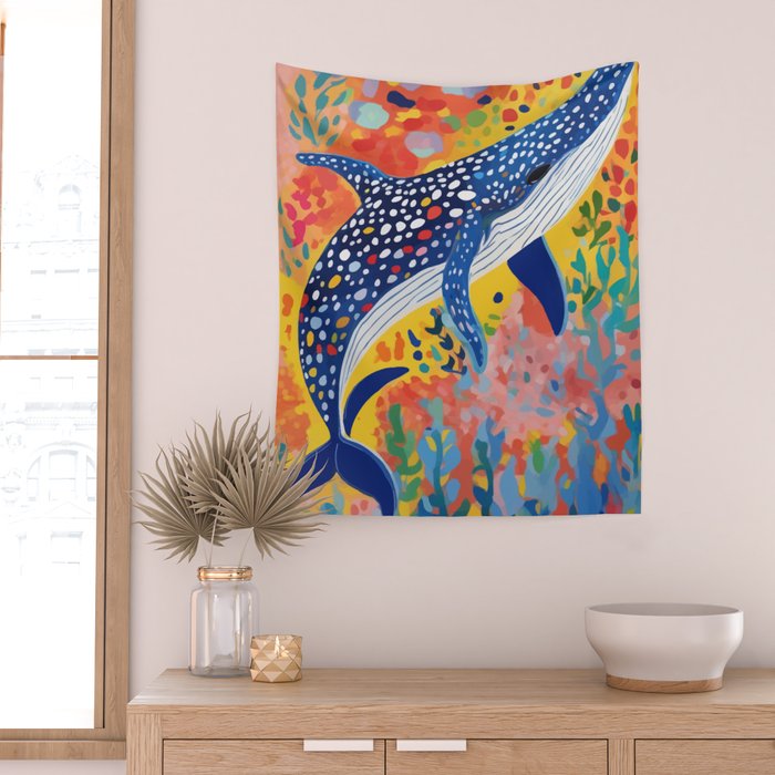 Spotted Whale, Wildlife Ocean Life Fish Illustration, Eclectic Bohemian Painting Free Swim Sea Underwater Wall Tapestry Gallery Image 2