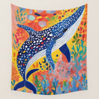 Spotted Whale, Wildlife Ocean Life Fish Illustration, Eclectic Bohemian Painting Free Swim Sea Underwater Wall Tapestry Gallery Image 4