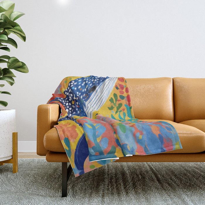 Spotted Whale, Wildlife Ocean Life Fish Illustration, Eclectic Bohemian Painting Free Swim Sea Underwater Throw Blanket Gallery Image 1