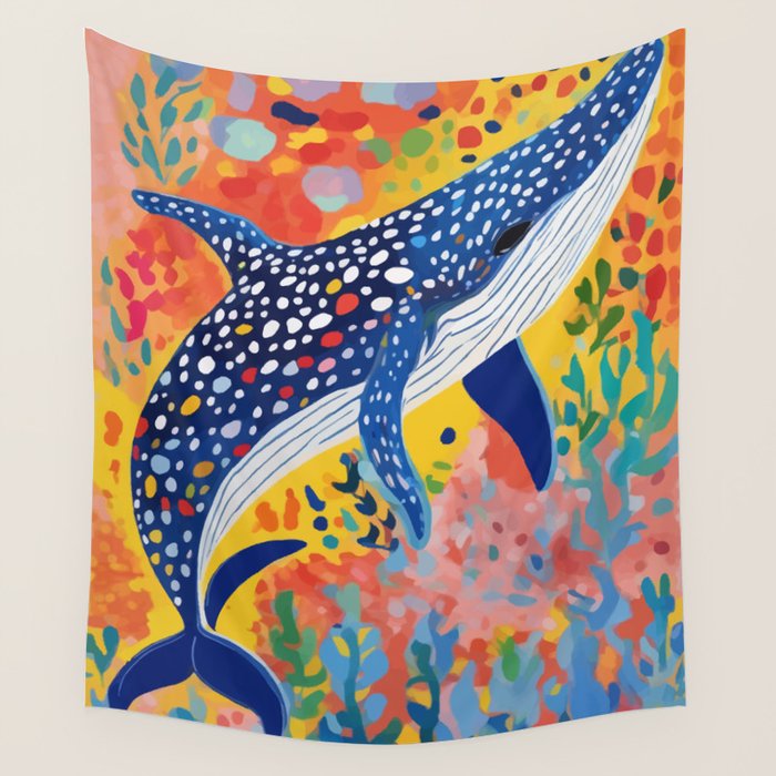 Spotted Whale, Wildlife Ocean Life Fish Illustration, Eclectic Bohemian Painting Free Swim Sea Underwater Wall Tapestry Gallery Image 1