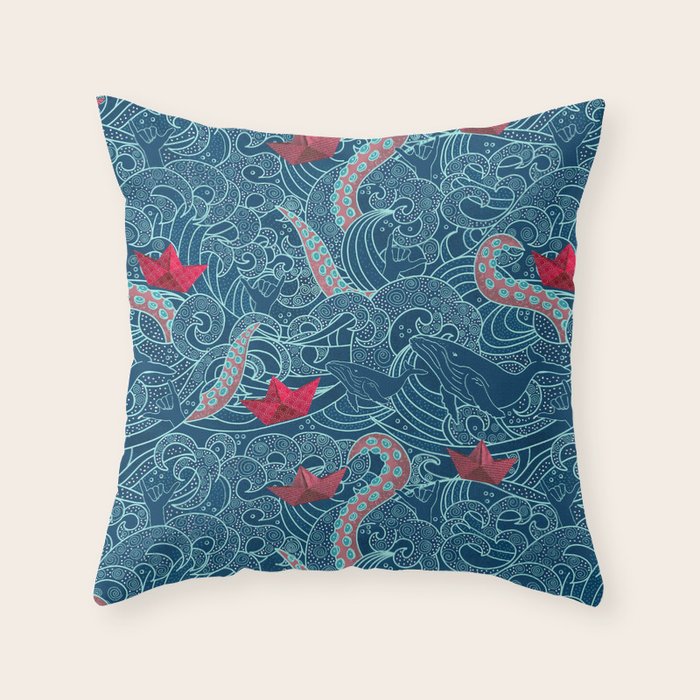 Octopus Ocean Playground smaller print Throw Pillow Gallery Image 6