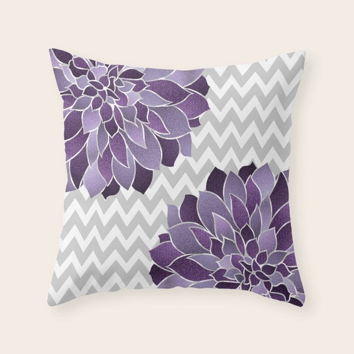 Floral Prints, Chevron, Purple and Gray Throw Pillow Gallery Image 1