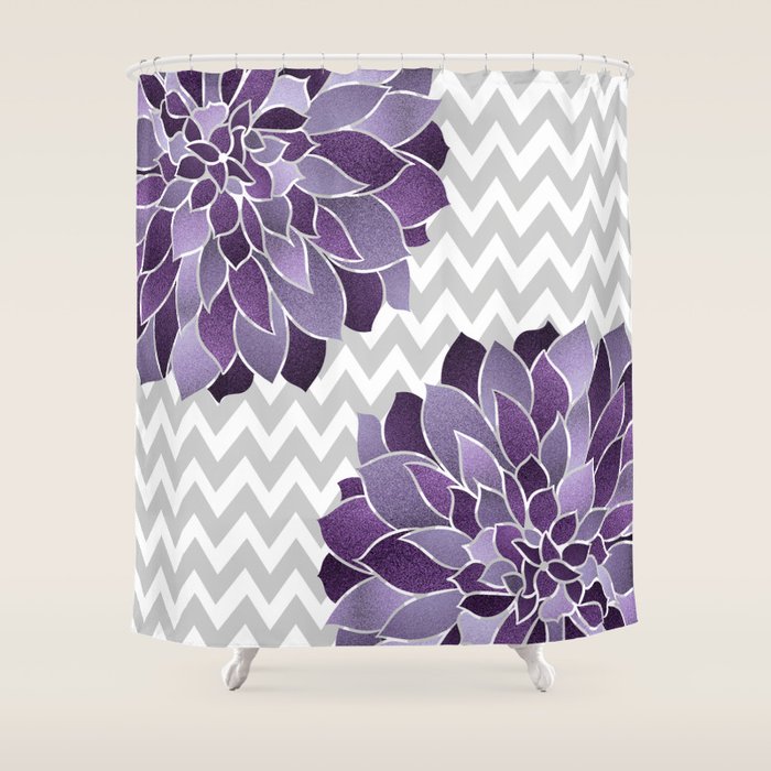 Floral Prints, Chevron, Purple and Gray Shower Curtain Gallery Image 1