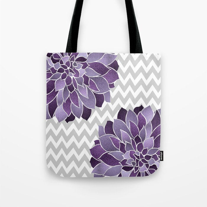 Floral Prints, Chevron, Purple and Gray Tote Bag Gallery Image 1