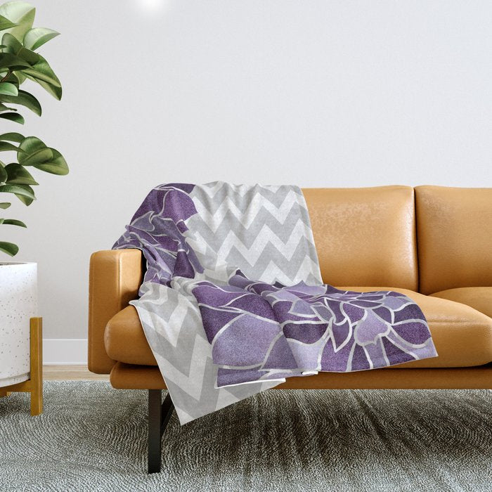 Floral Prints, Chevron, Purple and Gray Throw Blanket Gallery Image 1