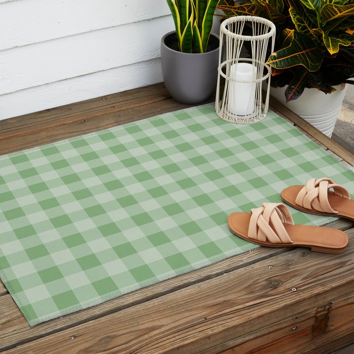 Dark Sea Green Summer Cabana Beach Picnic Gingham Check Outdoor Rug Gallery Image 2