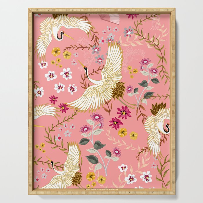 Chinoiserie cranes on pink, birds, flowers,  Serving Tray Gallery Image 1