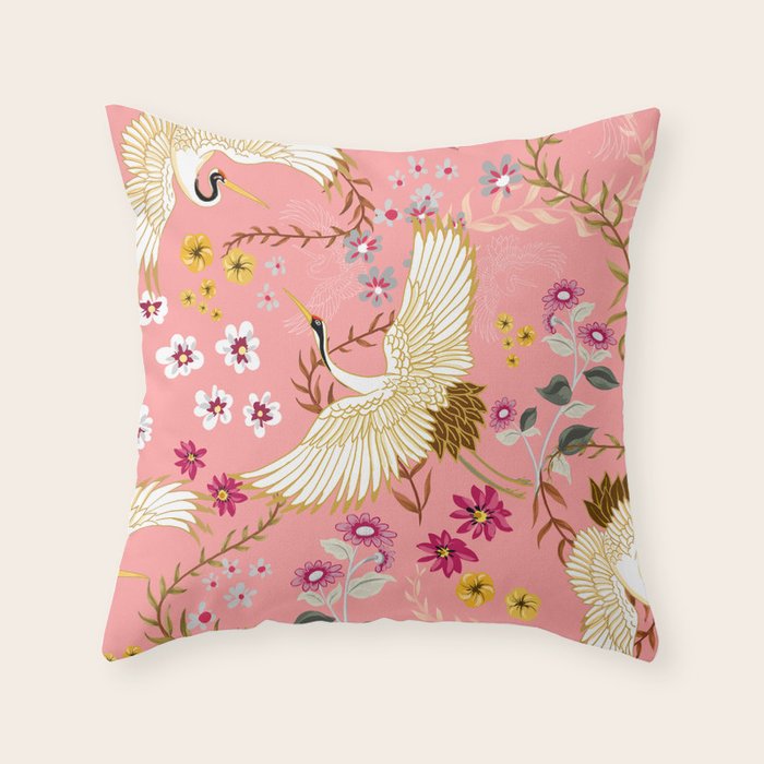 Chinoiserie cranes on pink, birds, flowers,  Throw Pillow Gallery Image 6