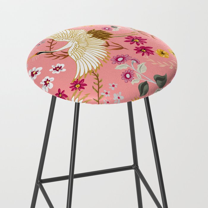 Chinoiserie cranes on pink, birds, flowers,  Stool Gallery Image 2