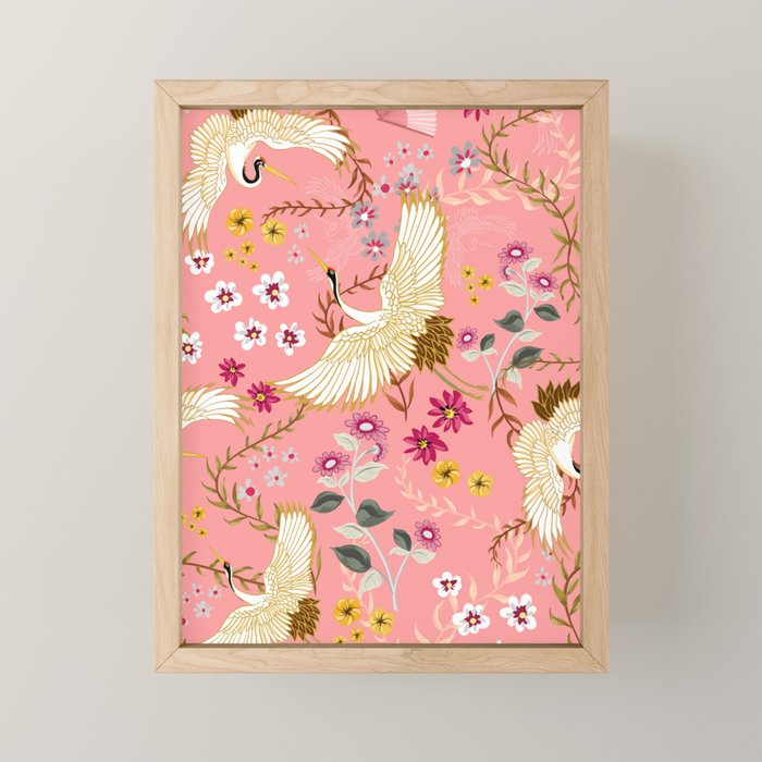 Chinoiserie cranes on pink, birds, flowers,  Mini Art Print Gallery Image 1