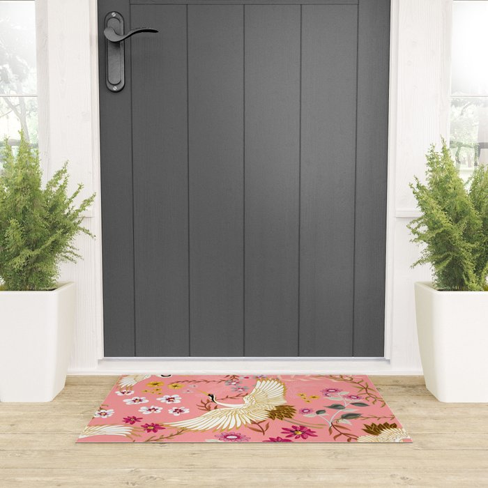 Chinoiserie cranes on pink, birds, flowers,  Welcome Mat Gallery Image 3