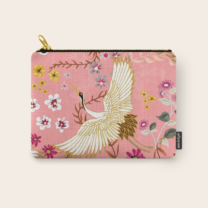 Chinoiserie cranes on pink, birds, flowers,  Carry All Pouch Gallery Image 1