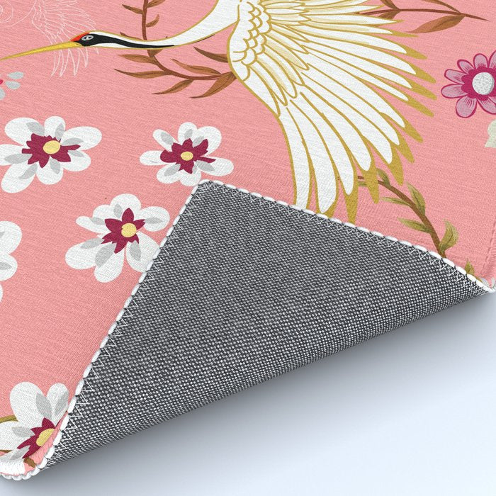 Chinoiserie cranes on pink, birds, flowers,  Rug Gallery Image 4